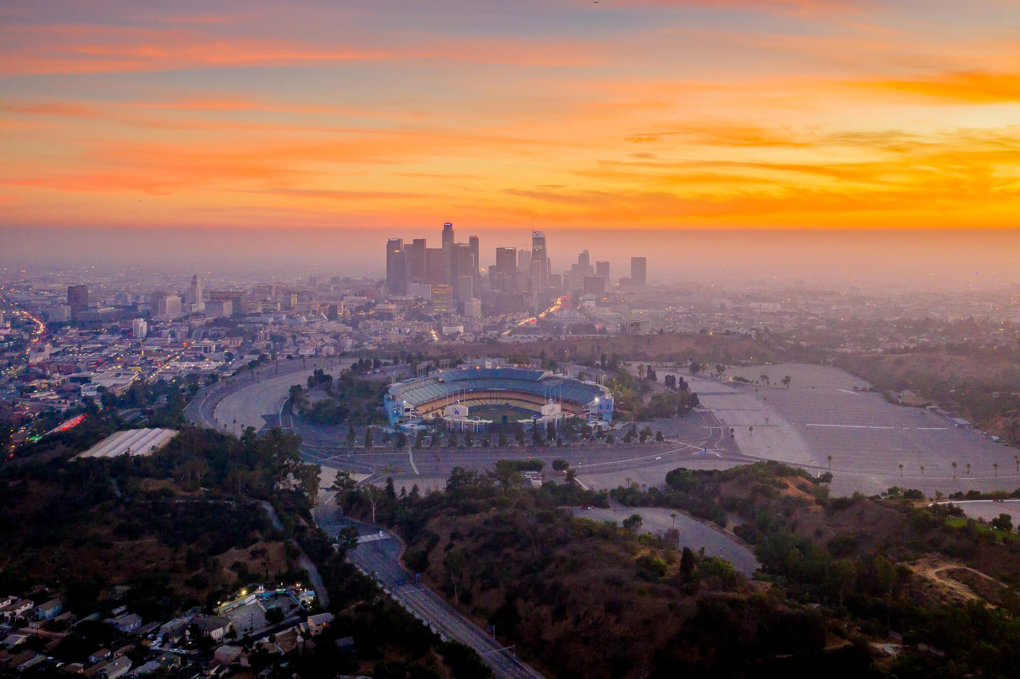 dji drone photo of dodger stadium in los angeles california at sunset | photo by jake landon schwartz