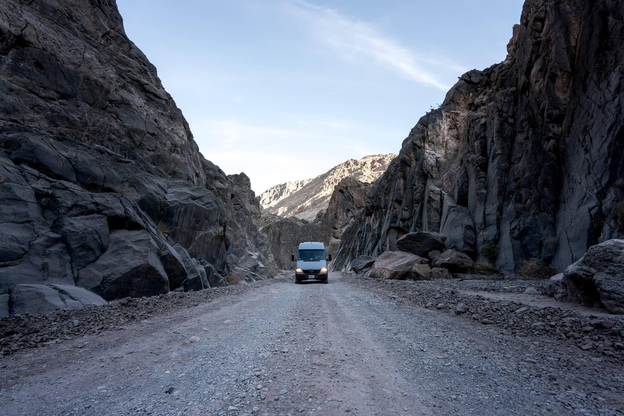 gray mercedes sprinter van in titus canyon death valley national park | photo by jake landon schwartz