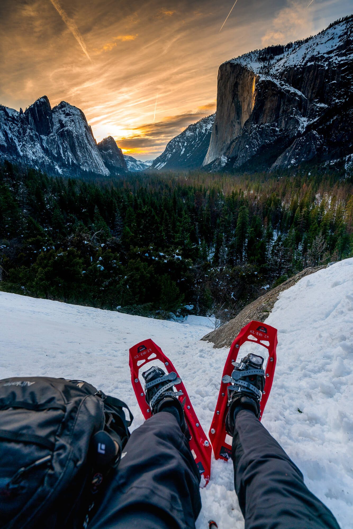 MSR snow shoes in yosemite national park during firefall on el capitan | photo by jake landon schwartz