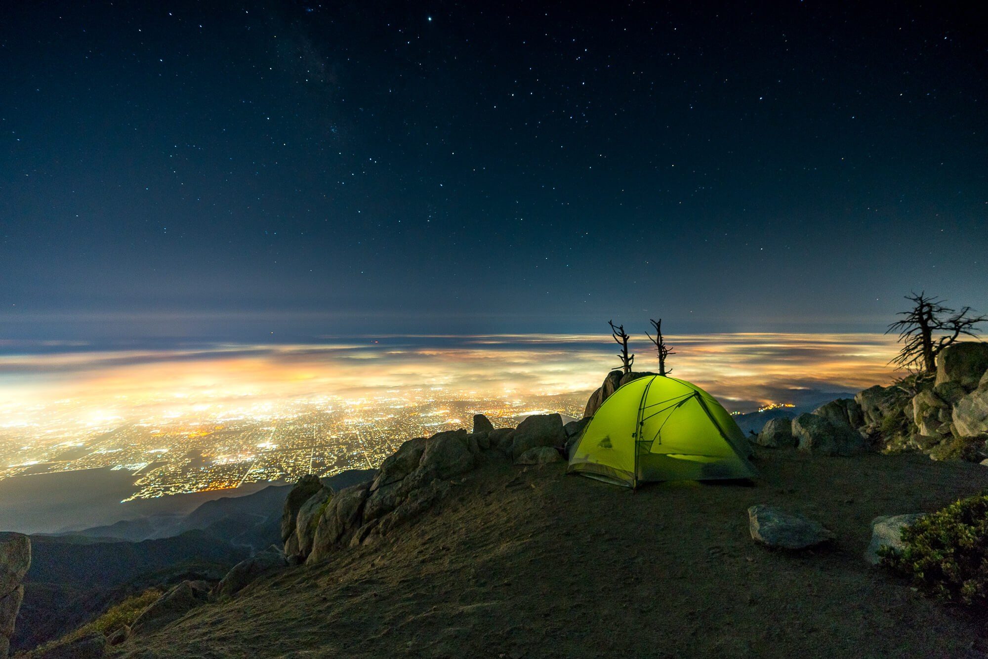 a glowing tent under the stars at cucamonga peak east of los angeles | photo by jake landon schwartz