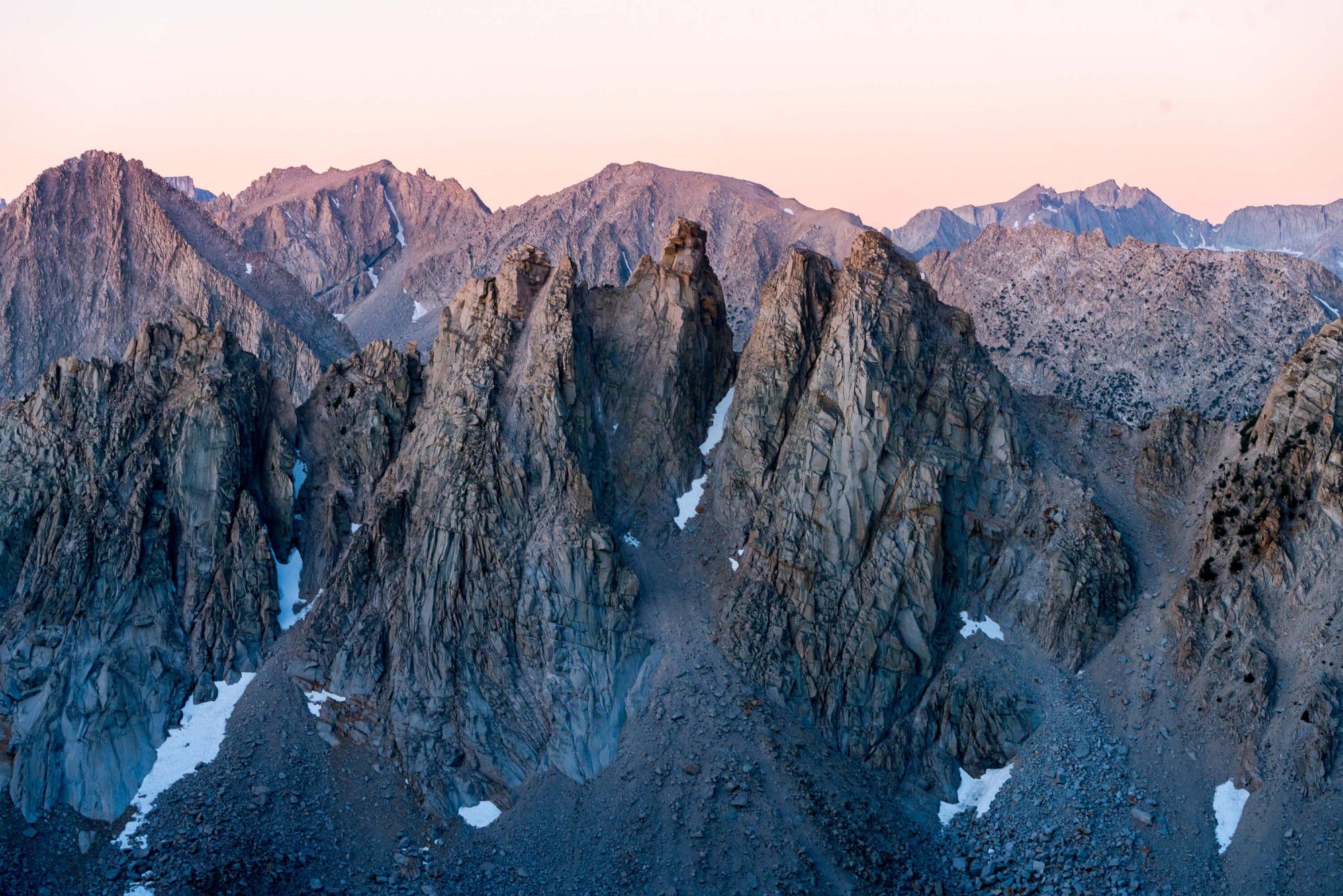 sunrise view of the kearsarge pinnacles from kearsarge pass in the sierra nevada mountain range | photo by jake landon schwartz