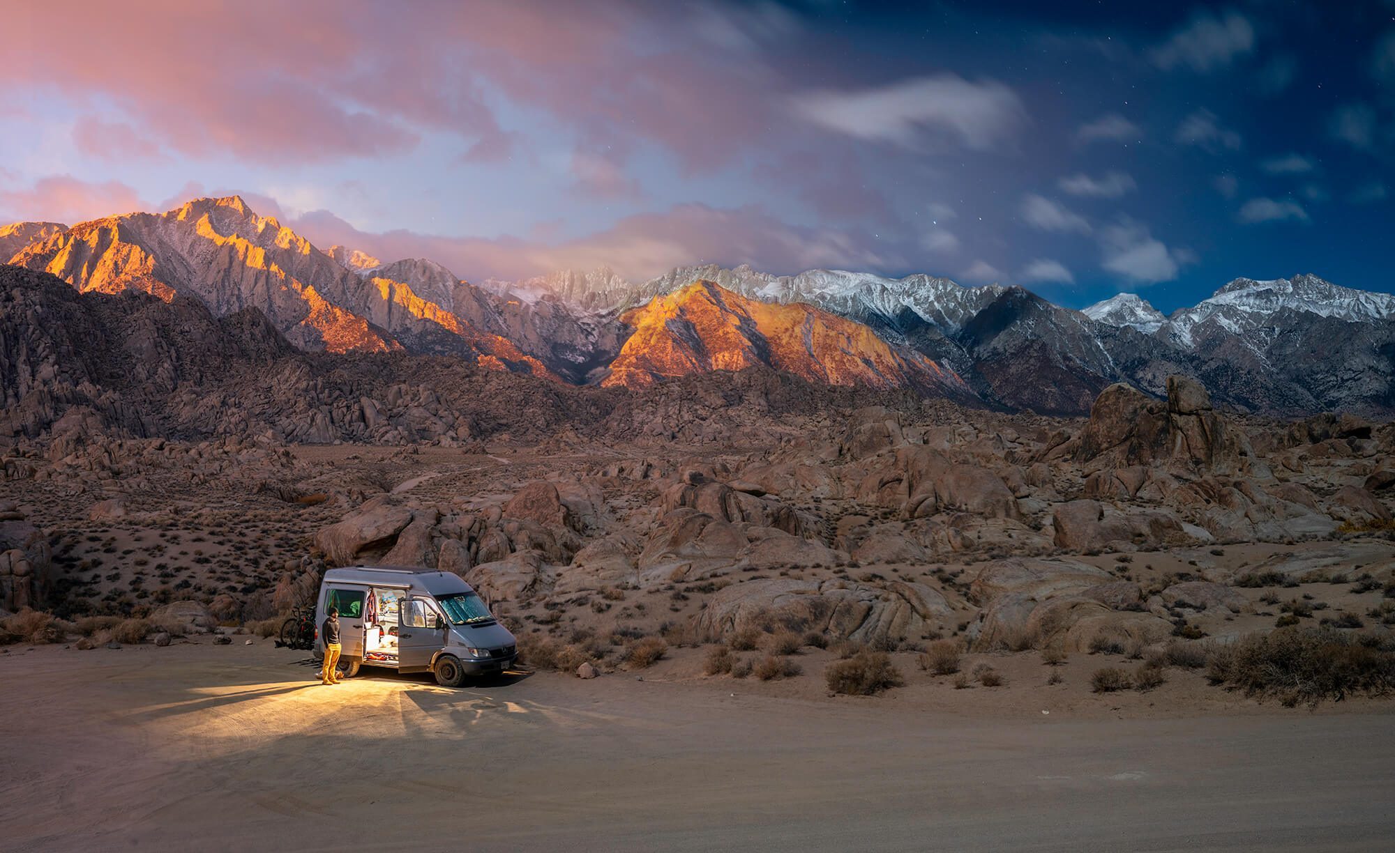 morning to night composite photo of jay ameno standing in front of his gray mercedes sprinter camper van in alabama hills california | photo by jake landon schwartz